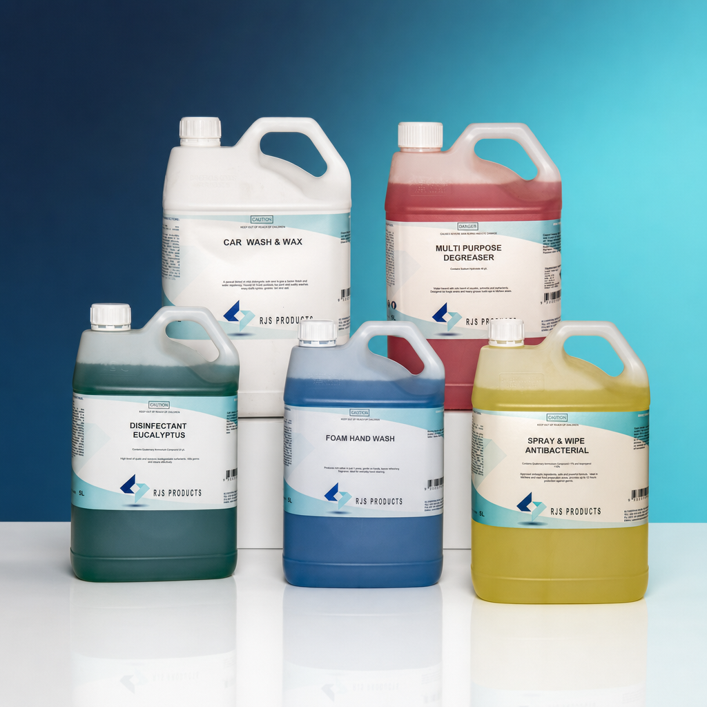 RJS Products 5L cleaning chemicals: car wash and wax, degreaser, disinfectant, foam hand wash, spray and wipe