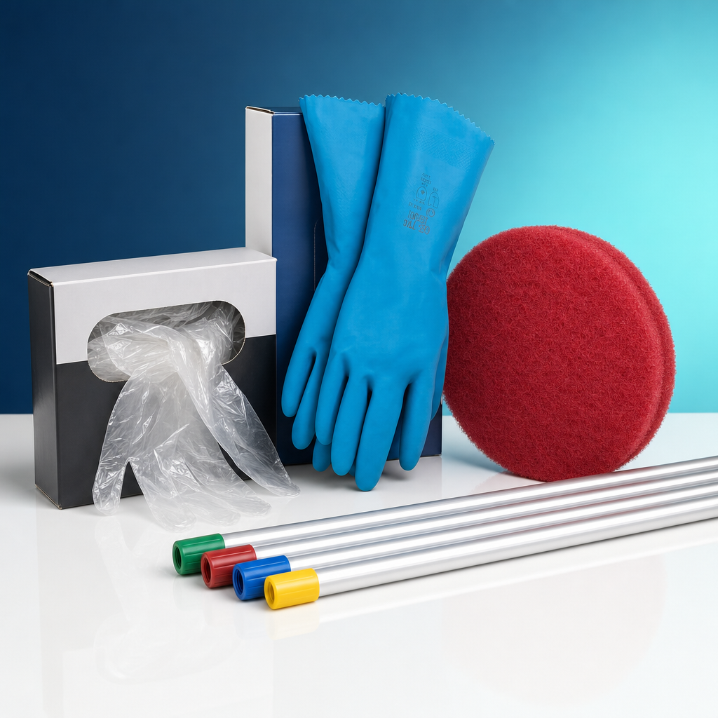 RJS Products cleaning aids: gloves, scourer pad, handles and poly bags