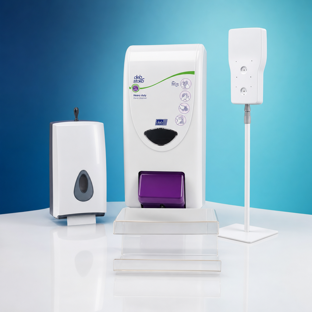 RJS Products soap and sanitiser dispensers, wall mounted and free standing