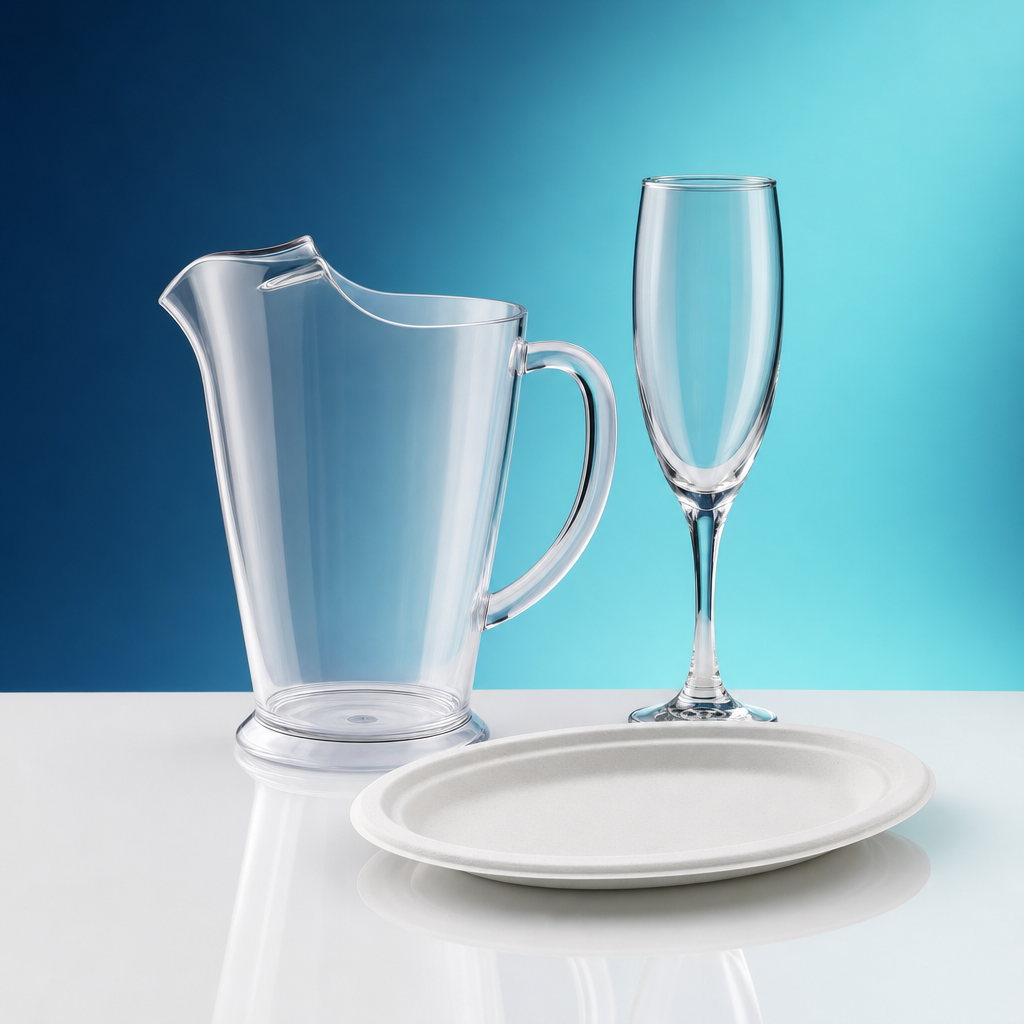 RJS Products hospitality supplies: polycarbonate jug, glassware and plate