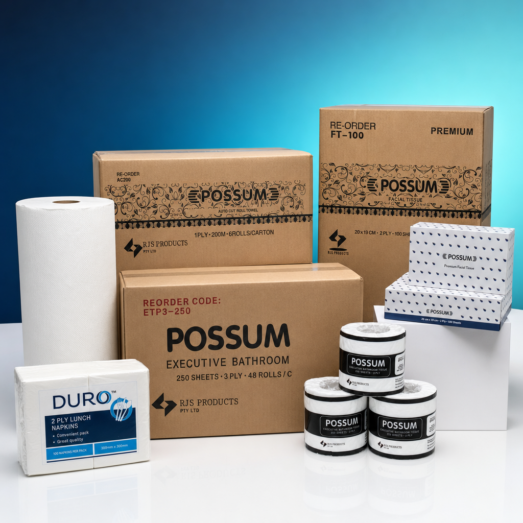 RJS Products paper goods: hand roll towel, bathroom tissue and napkins in cartons