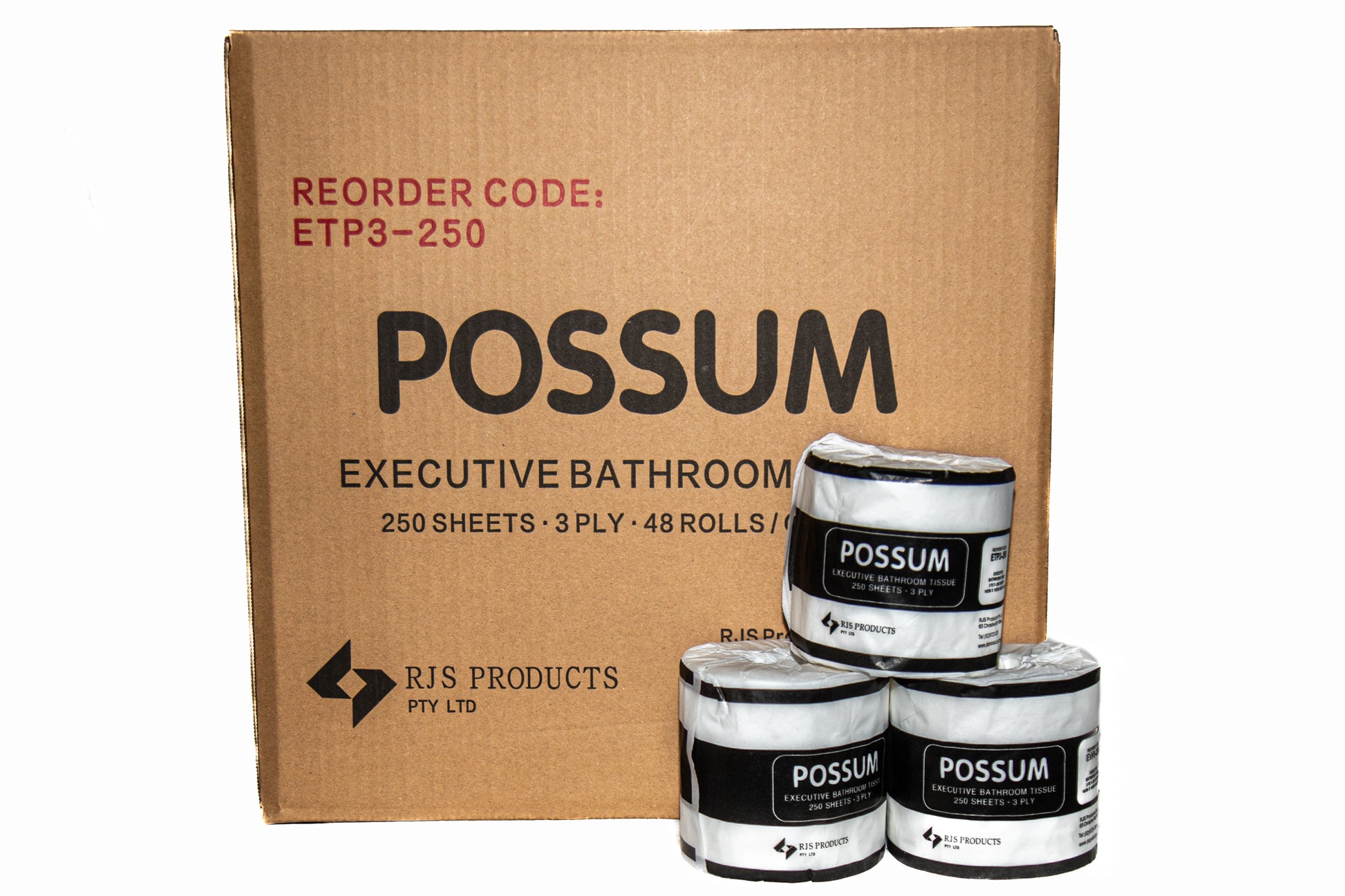 Possum 3 ply toilet paper. Executive Bathroom Towel 250 sheets 48 rolls